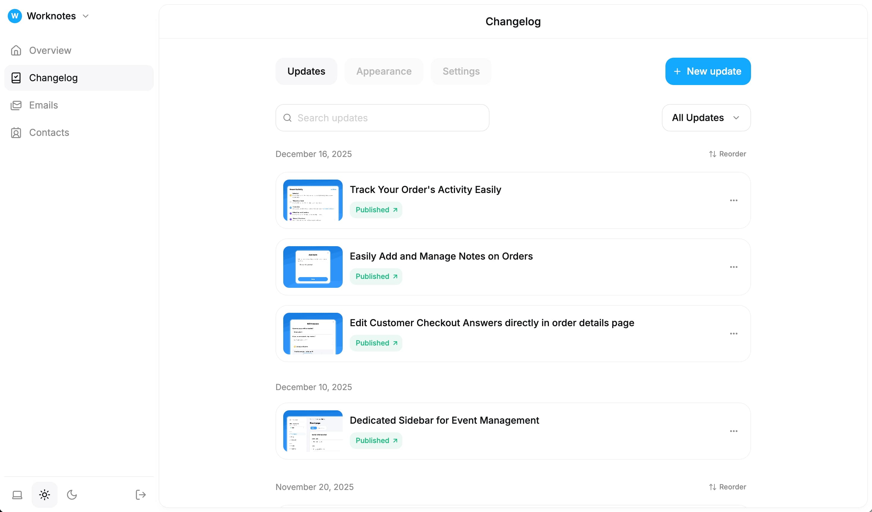 Worknotes dashboard showing product updates list with AI-generated changelog entries and publishing controls