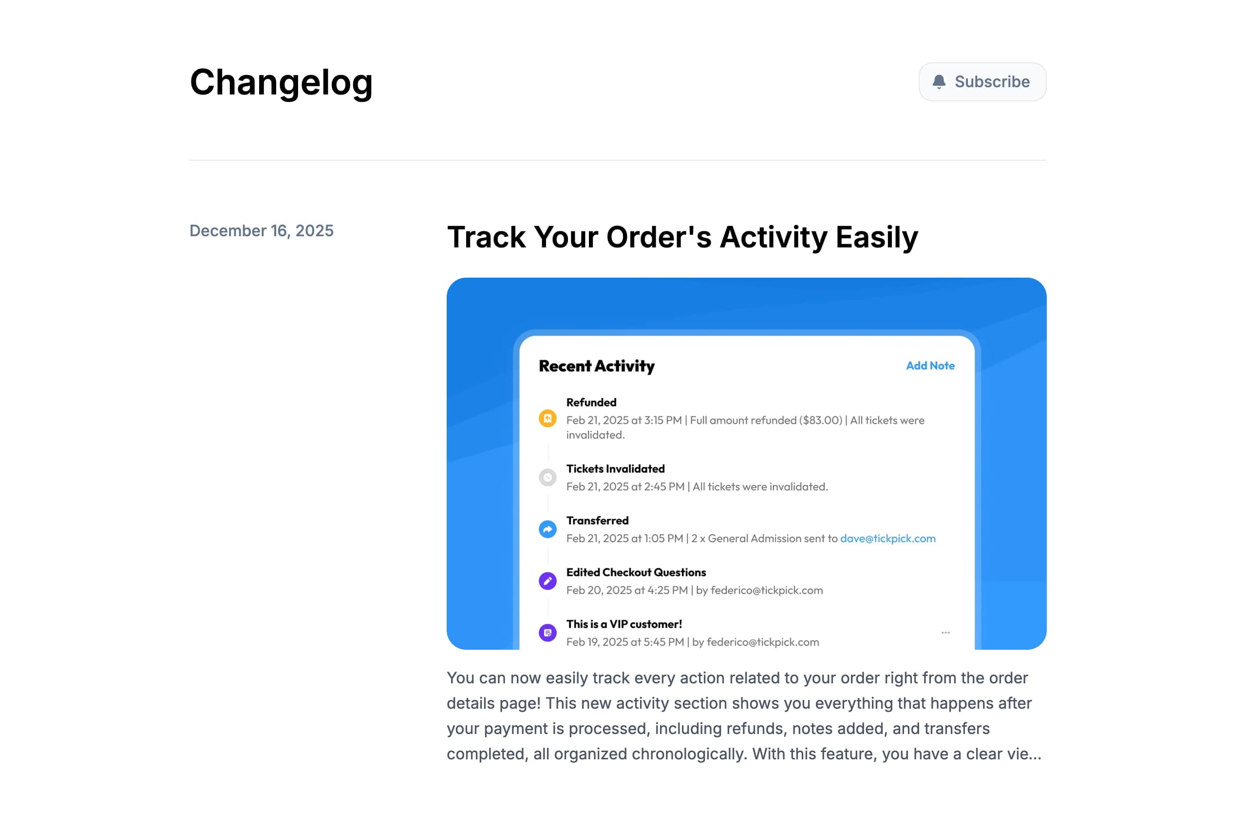 Public changelog page with custom branding showing published product updates