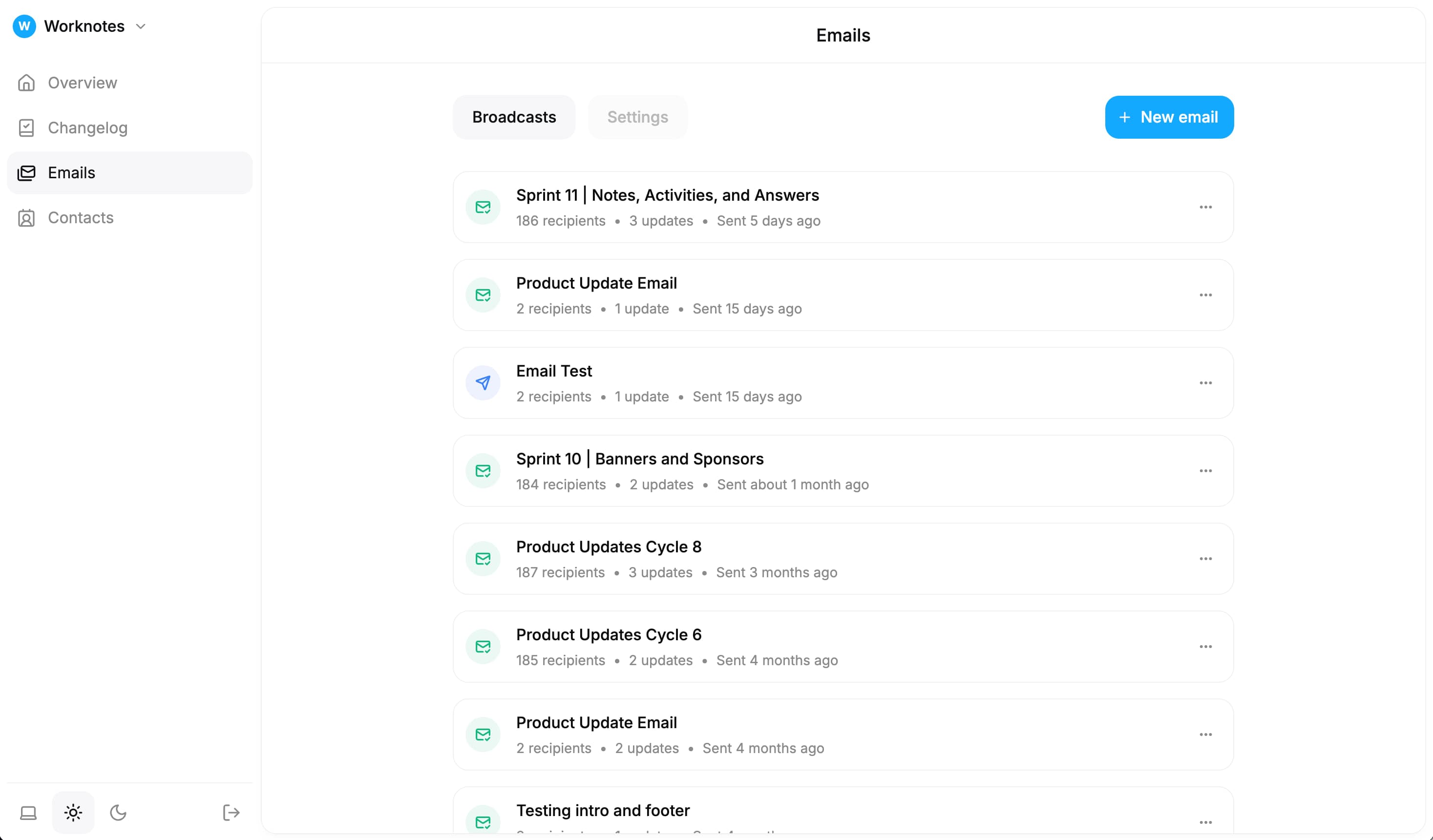 Email campaign interface showing a subscriber list and product update email ready to send