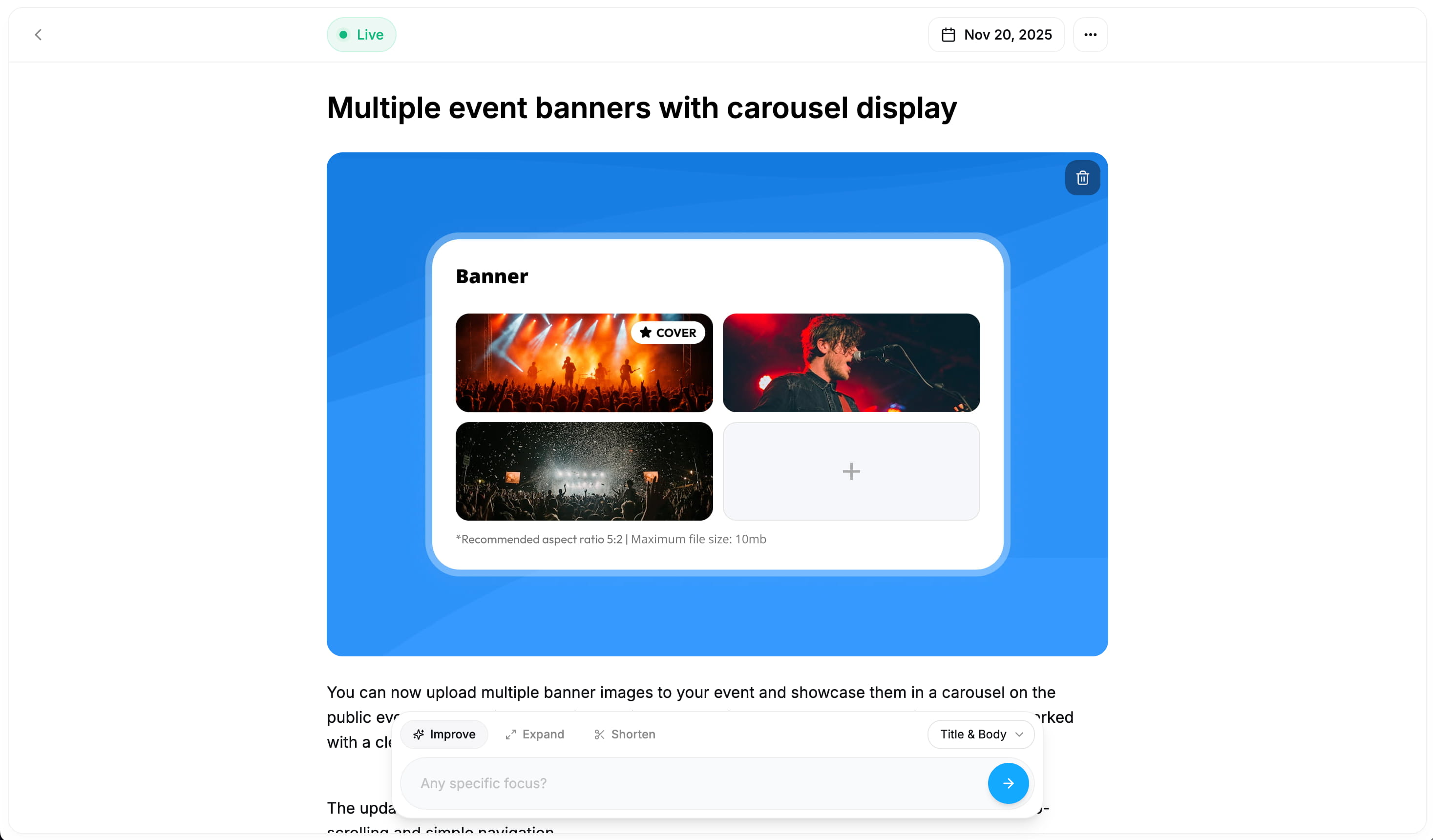 AI-powered update editor showing changelog entry with formatting options and AI assistance controls